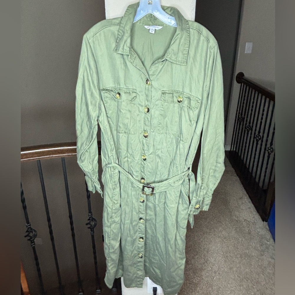 Time and Tru Women’s Woven Utility Shirt Dress Size XL Belted Waist Olive Green
